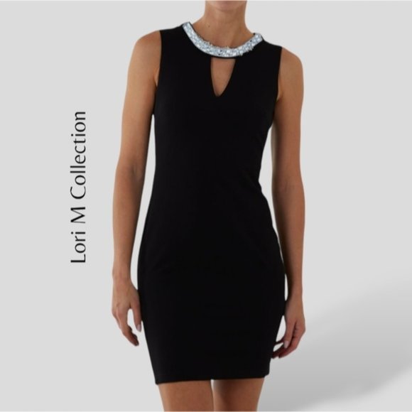 LORI M Collection Rhinestone Mock Neck Peep Hole V Neck Dress- Large- NWOT - Picture 11 of 14